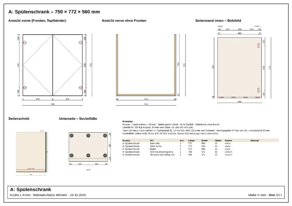 Werkstattzeichnung eines Spülenschranks mit Ansichten, Bohrbild, Seitenschnitt und Teileliste